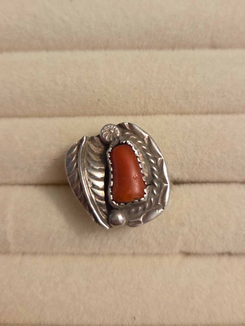 Signed Vintage Native Silver Coral Ring Size 6